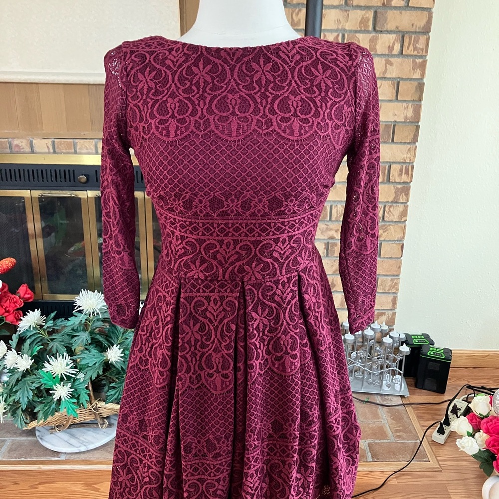 Burgundy Lace Fit and Flare Cocktail Dress by B Darlin, size 1/2